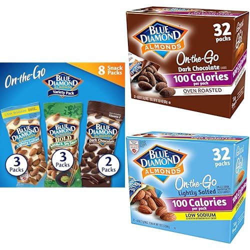 Bundle of Blue Diamond Almonds Snack Nut Variety Pack for Kids, Office, School, On-the-go, 8 Pack Variety Pack, 32 Count 100 Calorie Dark Chocolate and 32...