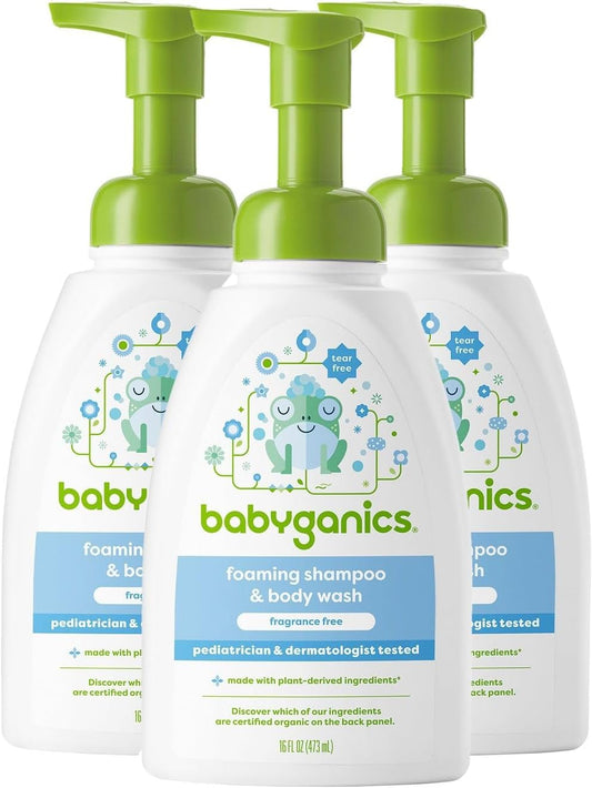 Babyganics Baby Shampoo + Body Wash Pump Bottle, Fragrance Free, Non-Allergenic and Tear-Free, 16 Fl Oz (Pack of 3), Packaging May Vary
