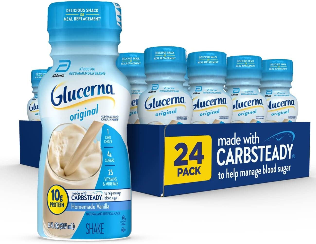 Glucerna Nutritional Shake, Diabetic Drink to Support Blood Sugar Management, 10g Protein, 180 Calories, Homemade Vanilla, 8-fl-oz Bottle, 24 Count