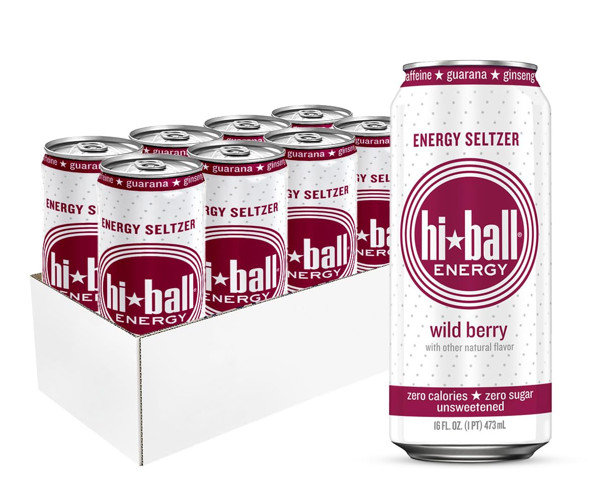 Hiball Energy Seltzer Water, Caffeinated Sparkling Water Made with Vitamin B12 and Vitamin B6, Sugar Free (8 pack of 16 Fl Oz), Wild Berry