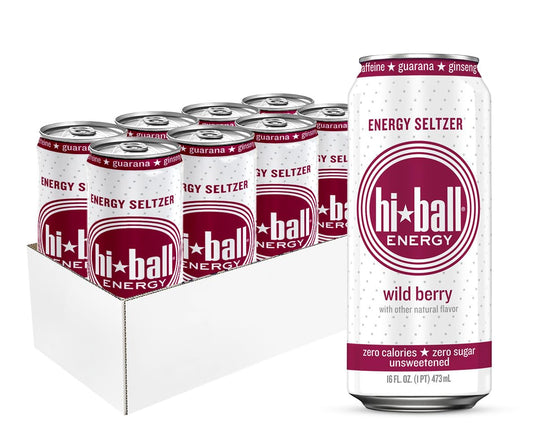 Hiball Energy Seltzer Water, Caffeinated Sparkling Water Made with Vitamin B12 and Vitamin B6, Sugar Free (8 pack of 16 Fl Oz), Wild Berry