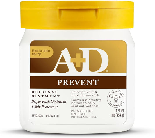 A+D Original Diaper Rash Ointment, Prevents & Protects Diaper Rash, Moisturizes & Heals Dry Skin With Vitamins A&D, 16oz Jar