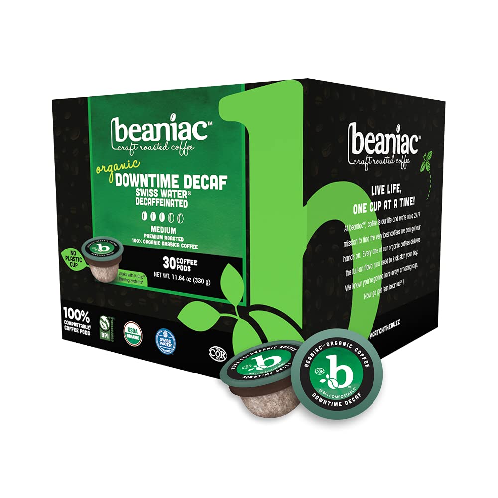 beaniac Organic Downtime Decaf Swiss Water Decaffeinated, Medium Roast, Single Serve Compostable K Cup Coffee Pods, Organic Arabica Coffee, Keurig Brewer.