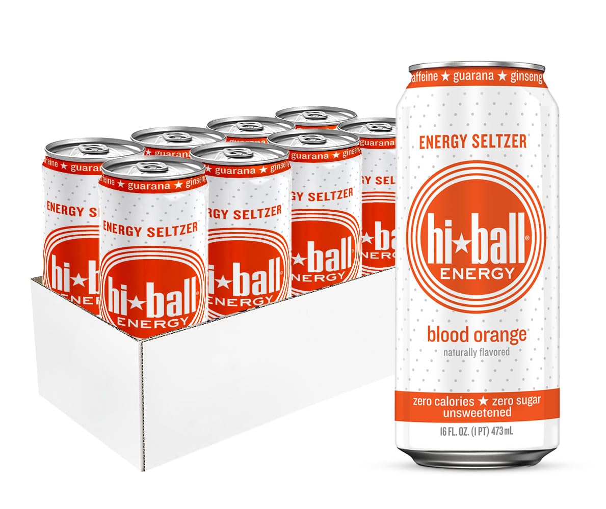 Hiball Energy Seltzer Water, Caffeinated Sparkling Water Made with Vitamin B12 and Vitamin B6, Sugar Free of 16 Fl Oz(Pack of 8), Blood Orange