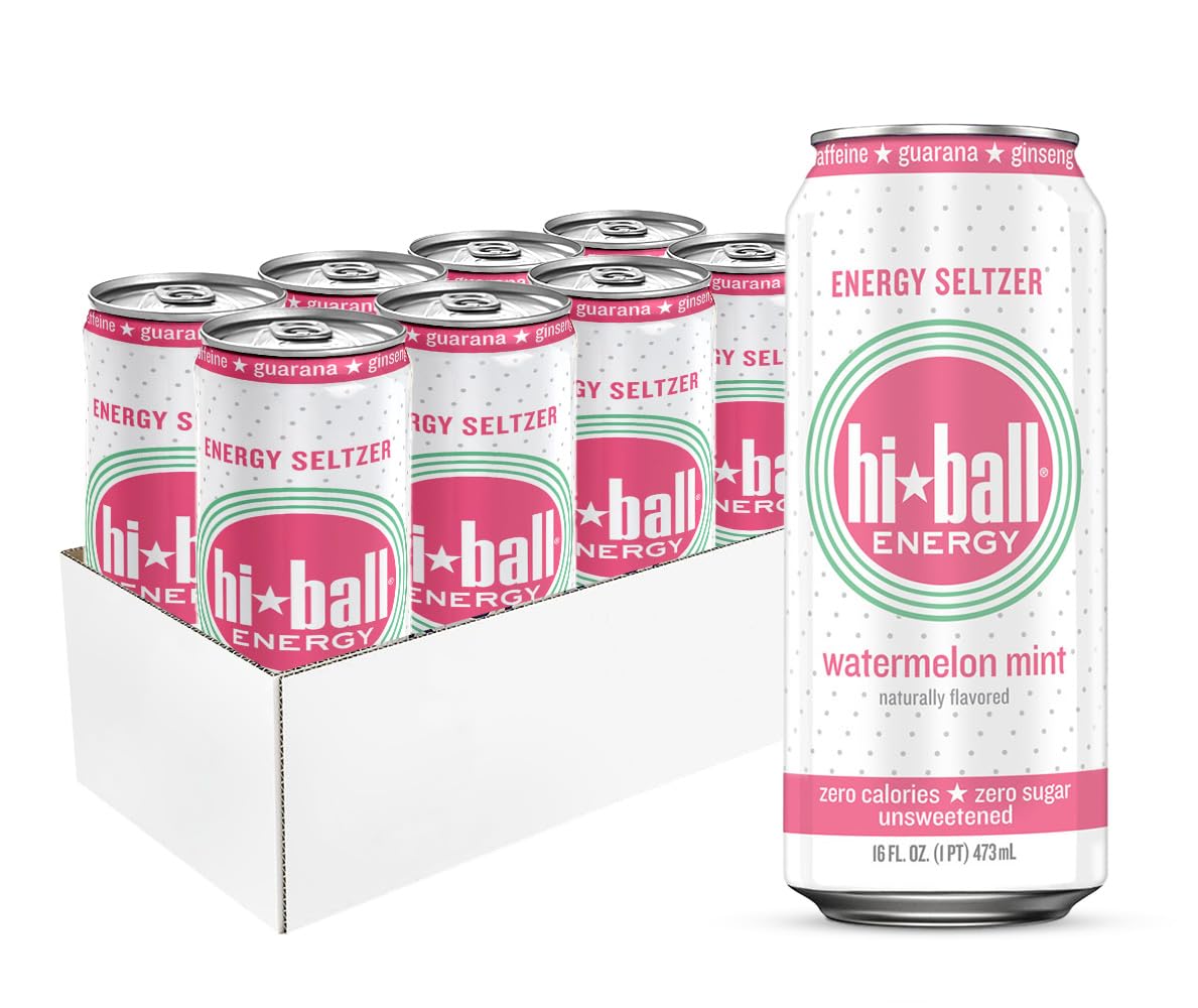 Hiball Energy Seltzer Water, Caffeinated Sparkling Water Made with Vitamin B12 and Vitamin B6, Sugar Free ,16 Fl Oz (Pack of 8), Watermelon