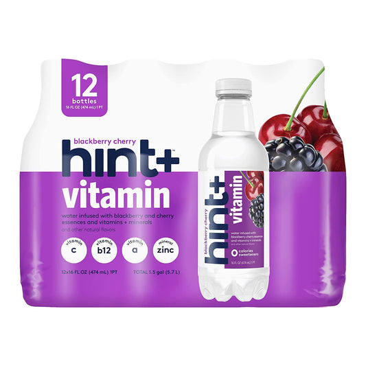 Hint+ Vitamin Blackberry Cherry, Water Infused with Blackberry & Cherry, Vitamin Boost, 50% Daily Value Vitamin C, A, B12, Zinc, Zero Sugar, Zero...