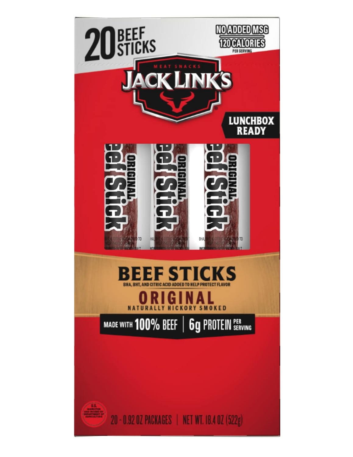 Jack Link's Beef Sticks, Original – Protein Snack, Meat Stick with 6g of Protein, Made with 100% Beef, Individually Wrapped Beef Snack Sticks – 0.92 Oz. (20 Count)
