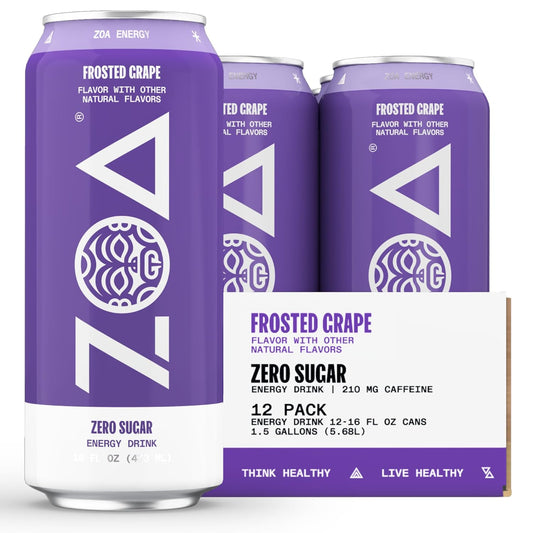 ZOA Zero Sugar Energy Drinks, Frosted Grape - Sugar Free with Electrolytes, Healthy Vitamin C, Amino Acids, Essential B-Vitamins, and Caffeine from Green...
