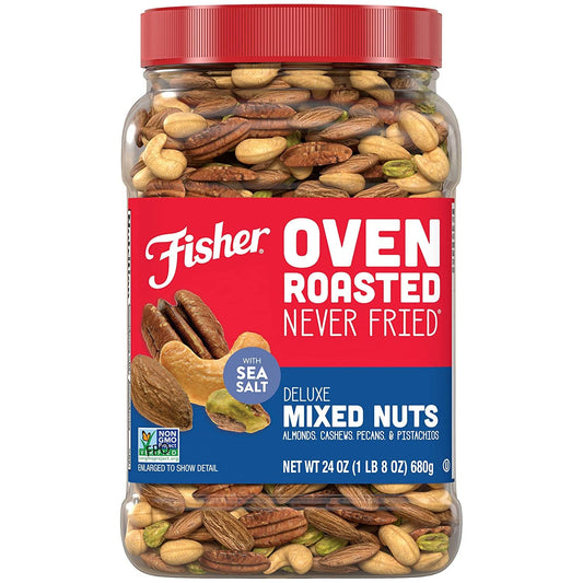 Fisher Oven Roasted Never Fried Deluxe Mixed Nuts, 24 Ounces (Pack of 1), Almonds, Cashews, Pecans, Pistachios, Snacks for Adults, Made With Sea Salt, No...
