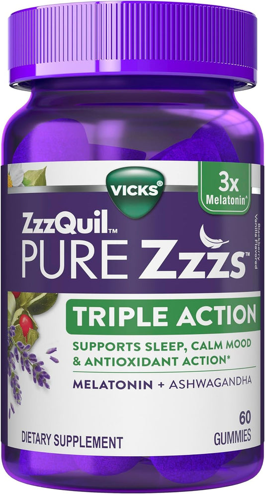 ZzzQuil PURE Zzzs Triple Action, 6mg Melatonin Gummies, 3X Melatonin Sleep Aid with Ashwagandha, Calm Mood & Antioxidant Action, Sleep Aid for Adults, 6...