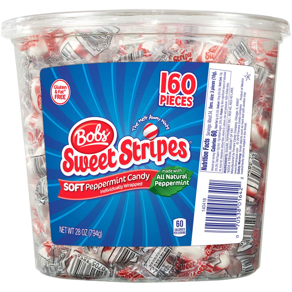 Brach's Bobs Sweet Stripes Soft Peppermint Candy, 160 Individually-Wrapped Pieces, 28 Ounce Jar
