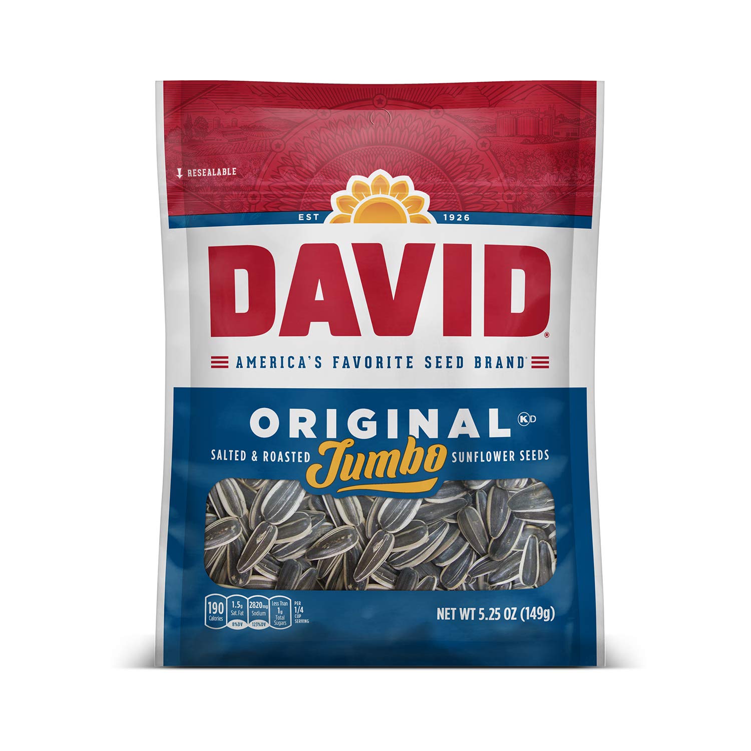 DAVID Seeds Original Salted and Roasted Jumbo Sunflower Seeds, Keto Friendly Snack, 5.25 OZ Bags, 12 Pack