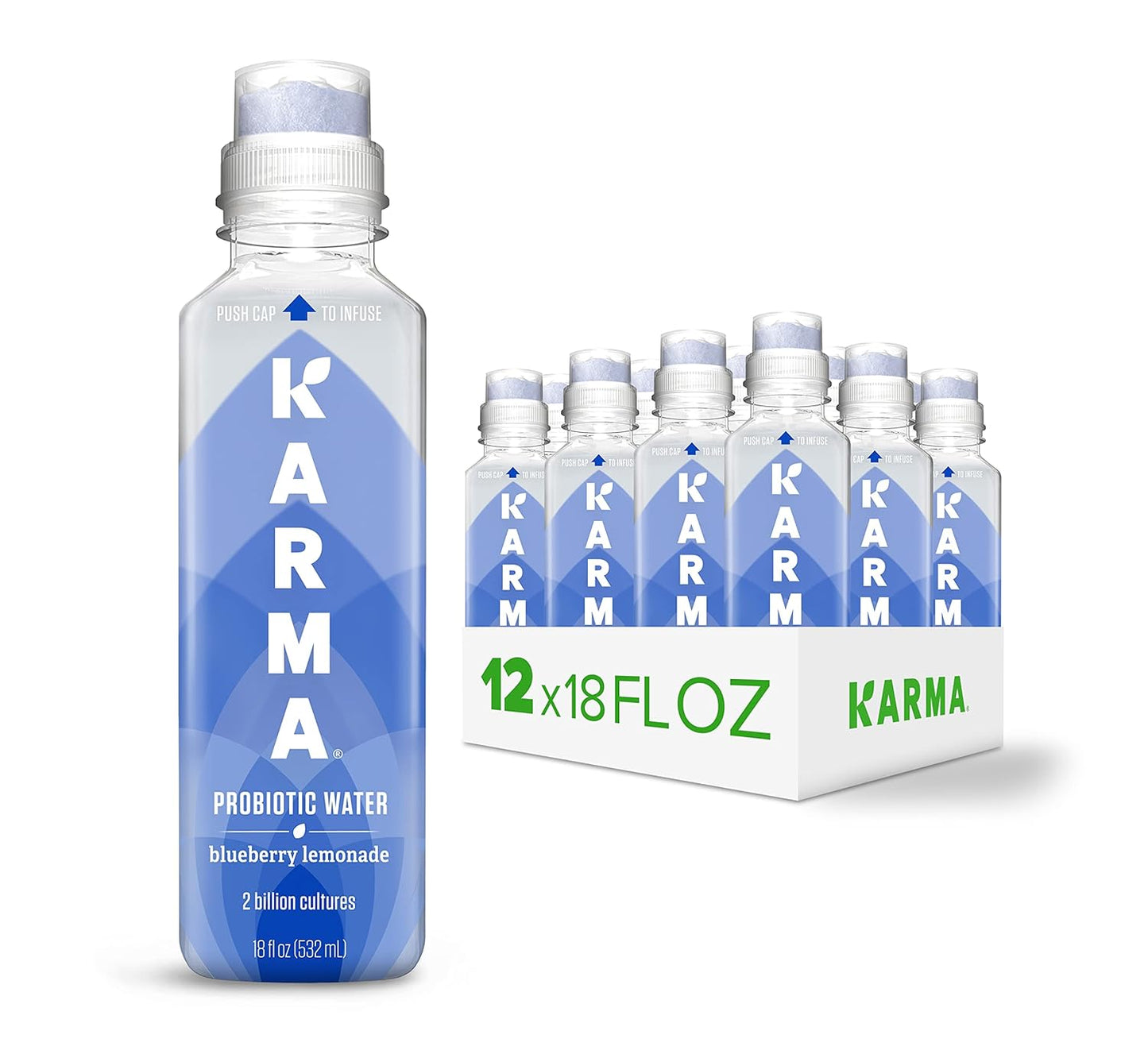 Karma Wellness Flavored Probiotic Water, Blueberry Lemonade, Immunity and Digestive Health Support, Low Calorie, 2 Billion Active Cultures, 18 Fl Oz (Pack of 12)