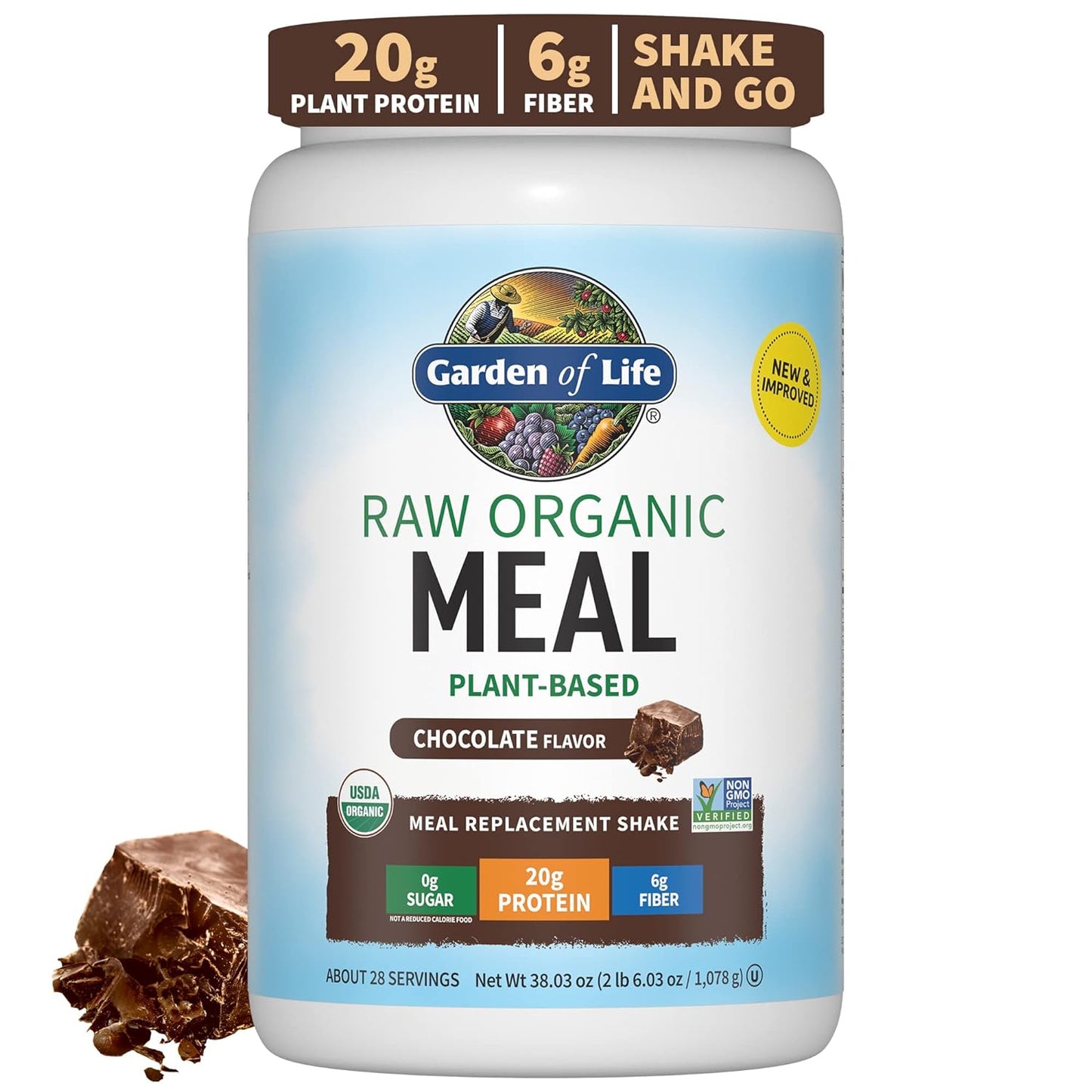 Garden of Life Raw Organic Meal Replacement Shakes - Chocolate Plant Based Vegan Protein Powder, Pea Protein, Sprouts, Greens, Probiotics, Dairy Free All in One Shake for Women and Men, 28 Servings