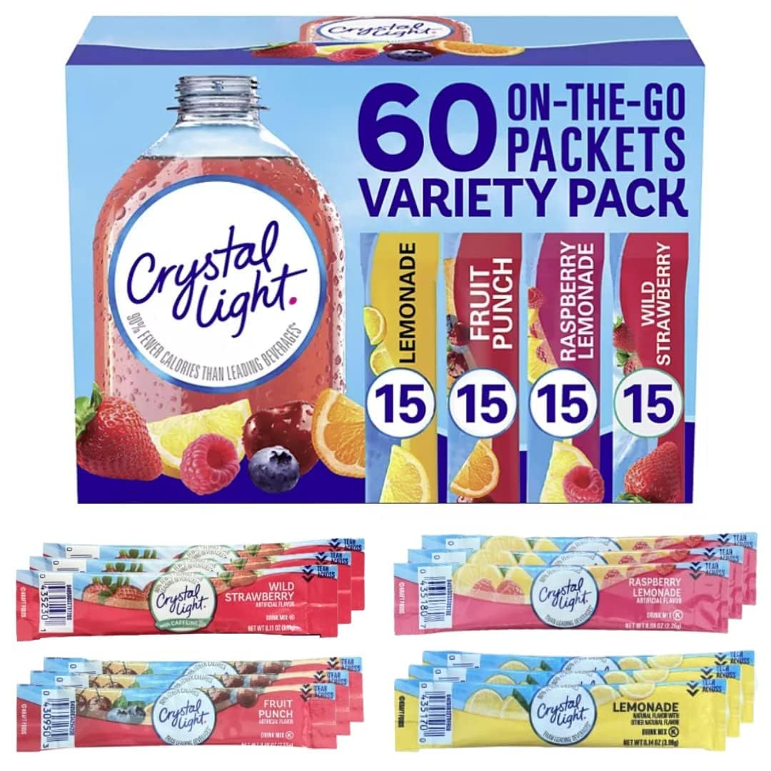 Crystal Light Sugar-Free, Lemonade, Fruit Punch, Raspberry Lemonade and Wild Strawberry On-The-Go Powdered Drink Singles Mix Variety Pack, 60 Count, Each Packet Dissolves into any 16.9 oz. by TOOZOON