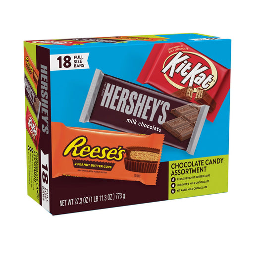 HERSHEY'S, KIT KAT and REESE'S Assorted Milk Chocolate Candy Variety Box, 27.3 oz (18 Count)
