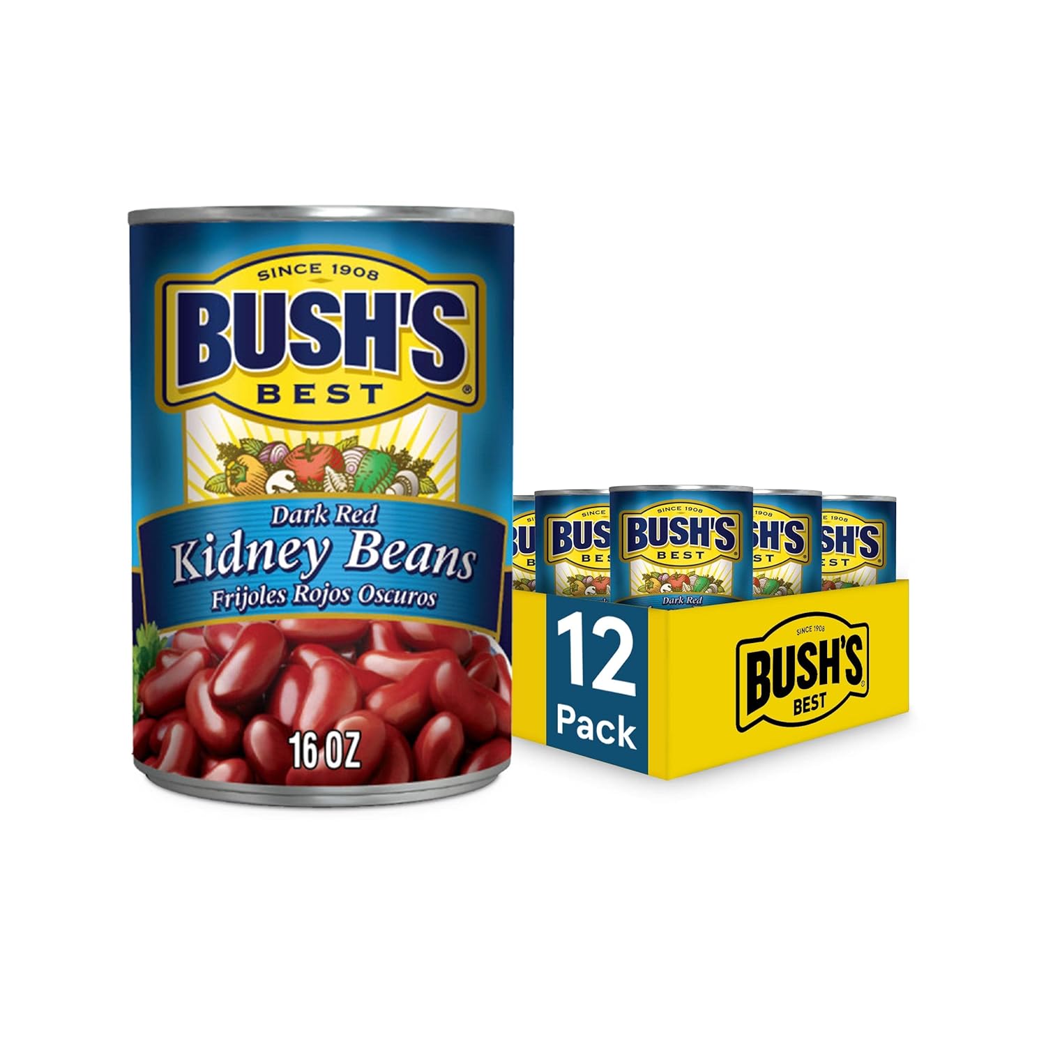 BUSH'S BEST 16 oz Canned Dark Red Kidney Beans, Source of Plant Based Protein and Fiber, Low Fat, Gluten Free, (Pack of 12)
