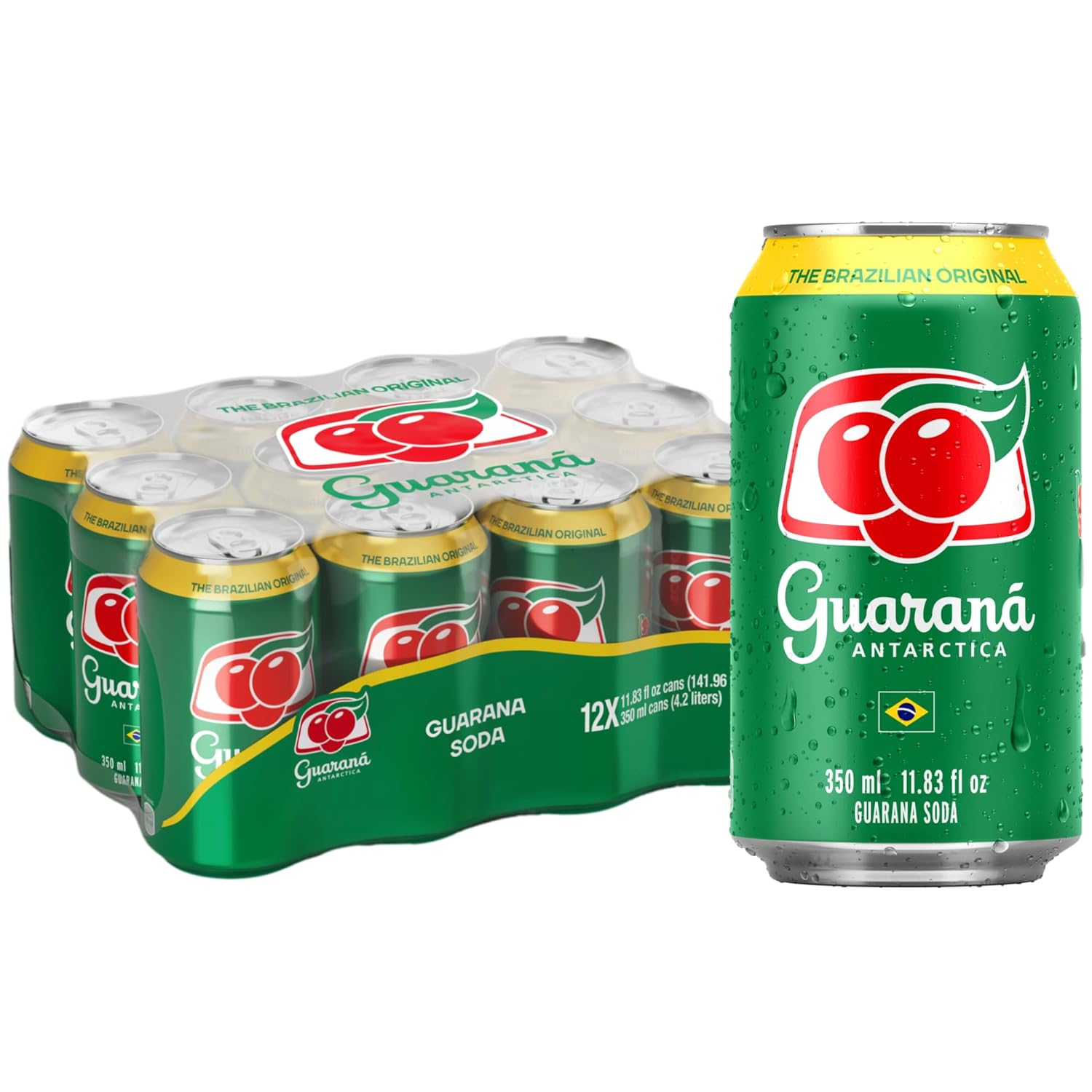 Guarana Antarctica, The Brazilian Original Guarana Soda, Regular, 11.83 fl oz (Pack of 12)