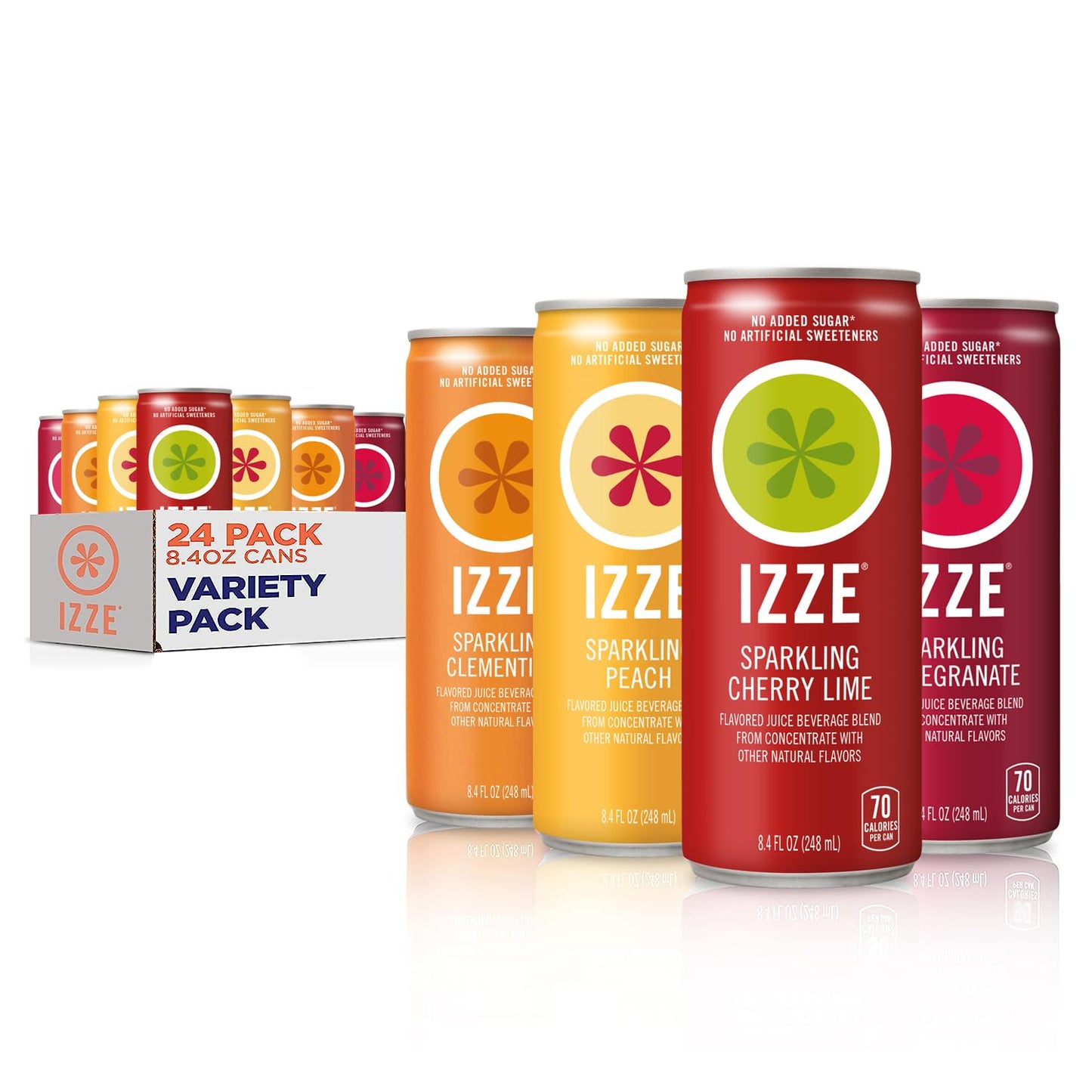 IZZE Sparkling Juice, 4 Flavor - Sunset Variety Pack, 8.4 Fl Oz Can (Pack of 24) Peach, Clementine, Cherry Lime, Pomegranate