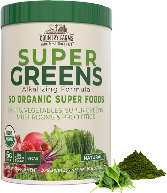 COUNTRY FARMS Super Greens Natural Flavor, 50 Organic Super Foods, USDA Organic Drink Mix, Fruits, Vegetables, Super Greens, Mushrooms & Probiotics,...
