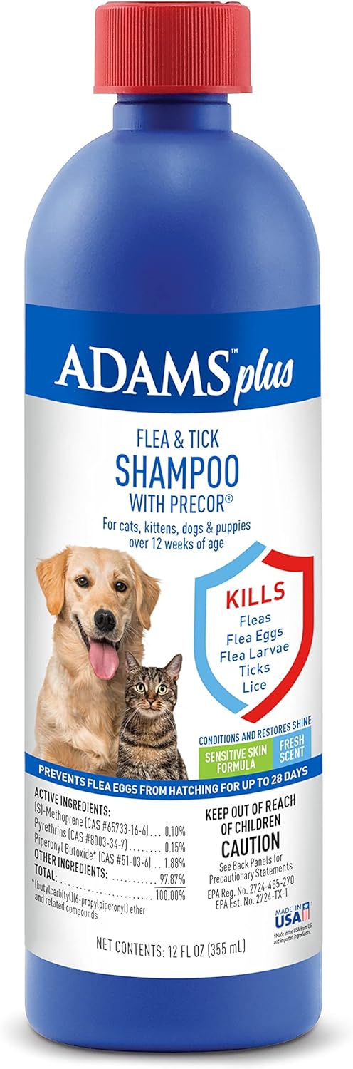 Adams Plus Flea & Tick Shampoo with Precor for Cats, Kittens, Dogs & Puppies Over 12 Weeks Of Age Sensitive Skin Flea Treatment | Kills Adult Fleas, Flea Eggs, Ticks, and Lice| 12 Ounces