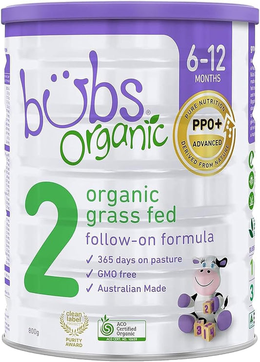 Bubs Organic Grass Fed Follow-On Formula Stage 2, Infants 6-12 months, Made with Non-GMO Organic Milk, 800 grams