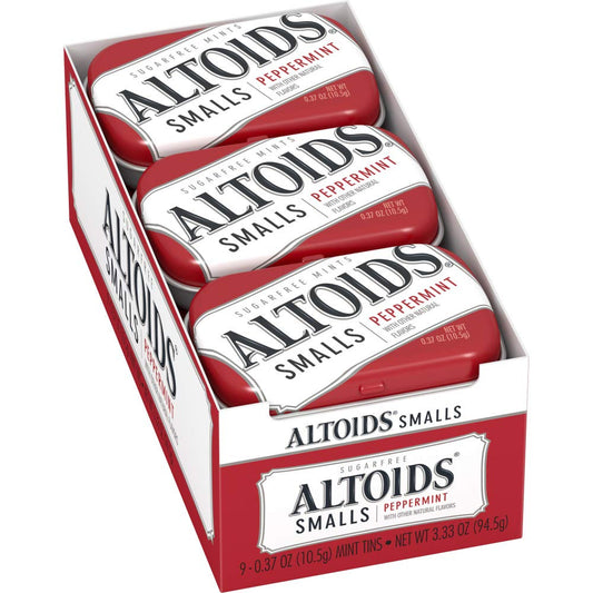 ALTOIDS Small Peppermint Breath Mints Sugar Free Hard Candy Bulk, 0.37 oz Tin (Pack of 9)