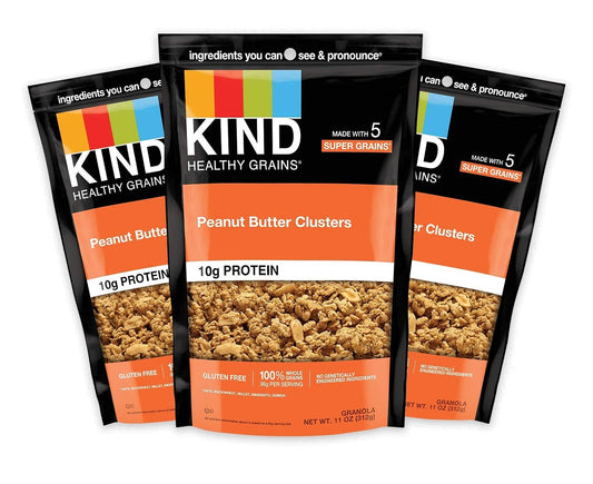 KIND HEALTHY GRAINS Granola, Healthy Snack, Peanut Butter Granola Clusters, 10g Protein, Snack Mix 11 OZ (3 Pack)