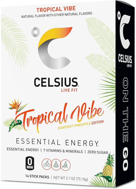 CELSIUS® On-The-Go Powder Sticks Tropical Vibe, Essential Energy 2.6 Oz (14 Sticks per Pack)