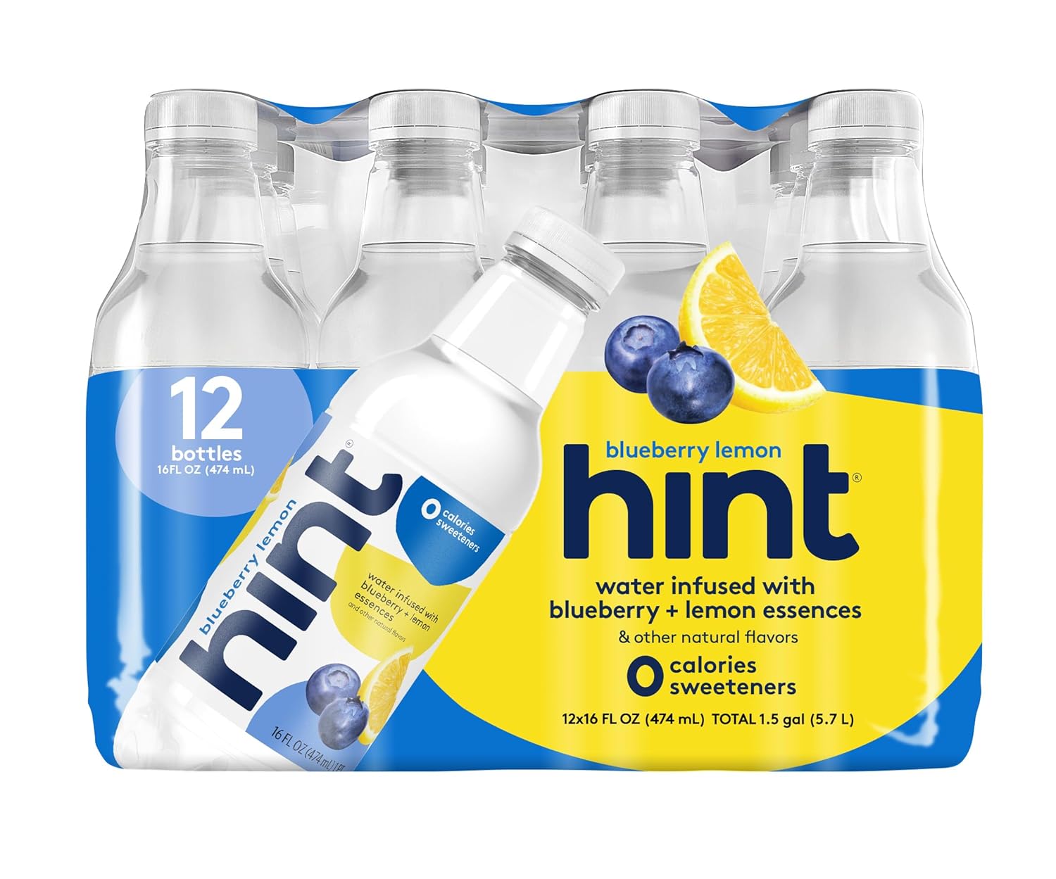 Hint Water Blueberry Lemon, Pure Water Infused with Blueberries & Lemons, Zero Sugar, Zero Calories, Zero Sweeteners, Zero Preservatives, Zero Artificial Flavors, 16 Fl Oz (Pack of 12)