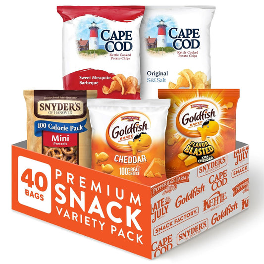 Goldfish Crackers, Snyder's of Hanover Pretzels, and Cape Cod Potato Chips Premium Snack Variety Pack for Adults and Kids, 40 Count
