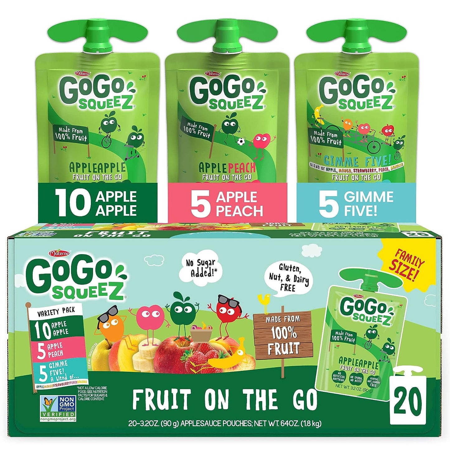 GoGo squeeZ Fruit on the Go Variety Pack, Apple, Peach & Gimme Five!, 3.2 oz (Pack of 20), Unsweetened Fruit Snacks for Kids, Gluten Free, Nut Free and Dairy Free, Recloseable Cap, BPA Free Pouches
