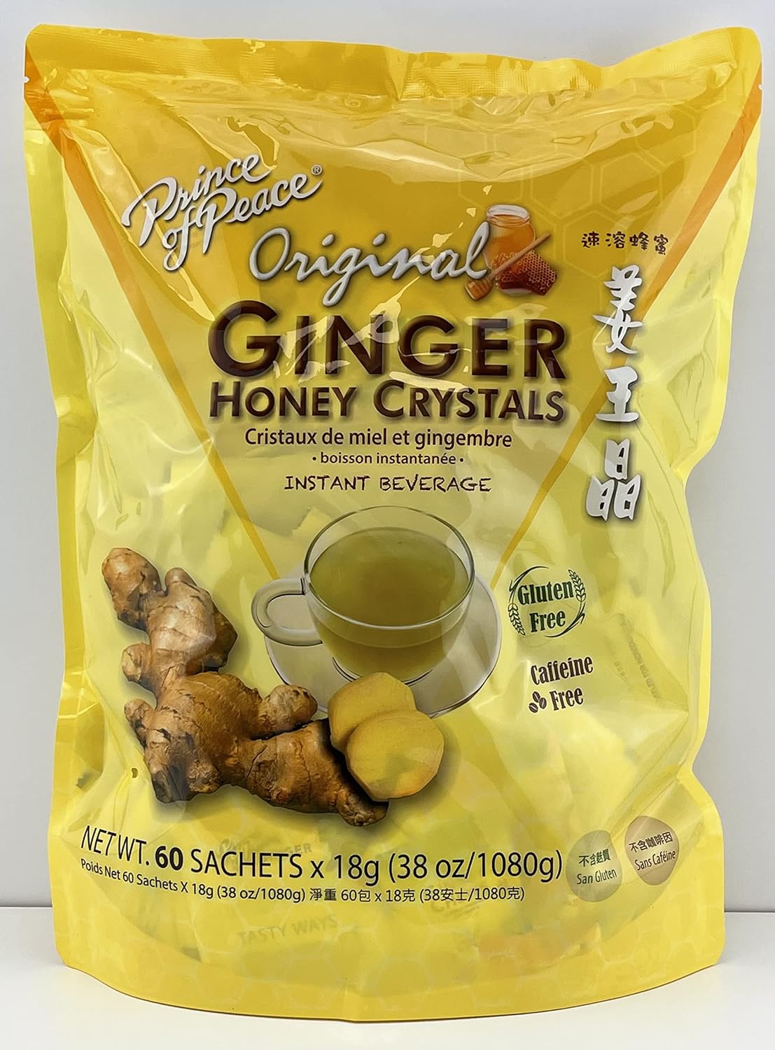 Instant Ginger Honey Crystals Family Value Pack 60 Sachets 18g per Sachets (Total 38oz/ 1080g) By Prince of Peace