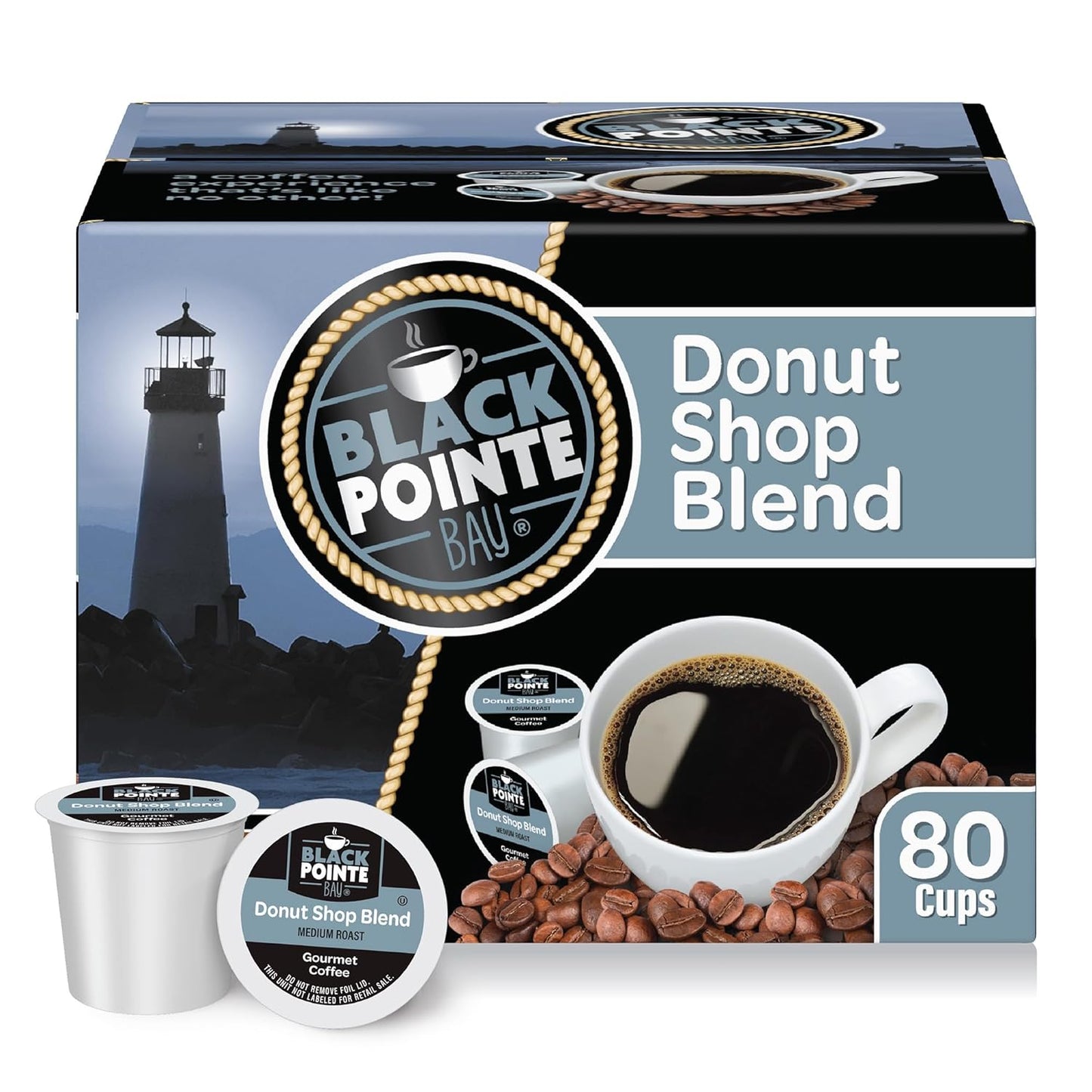 Black Pointe Bay Coffee Donut Shop Blend, Medium Roast, 80 Count, Single Serve Coffee Pods for Keurig K-Cup Brewers