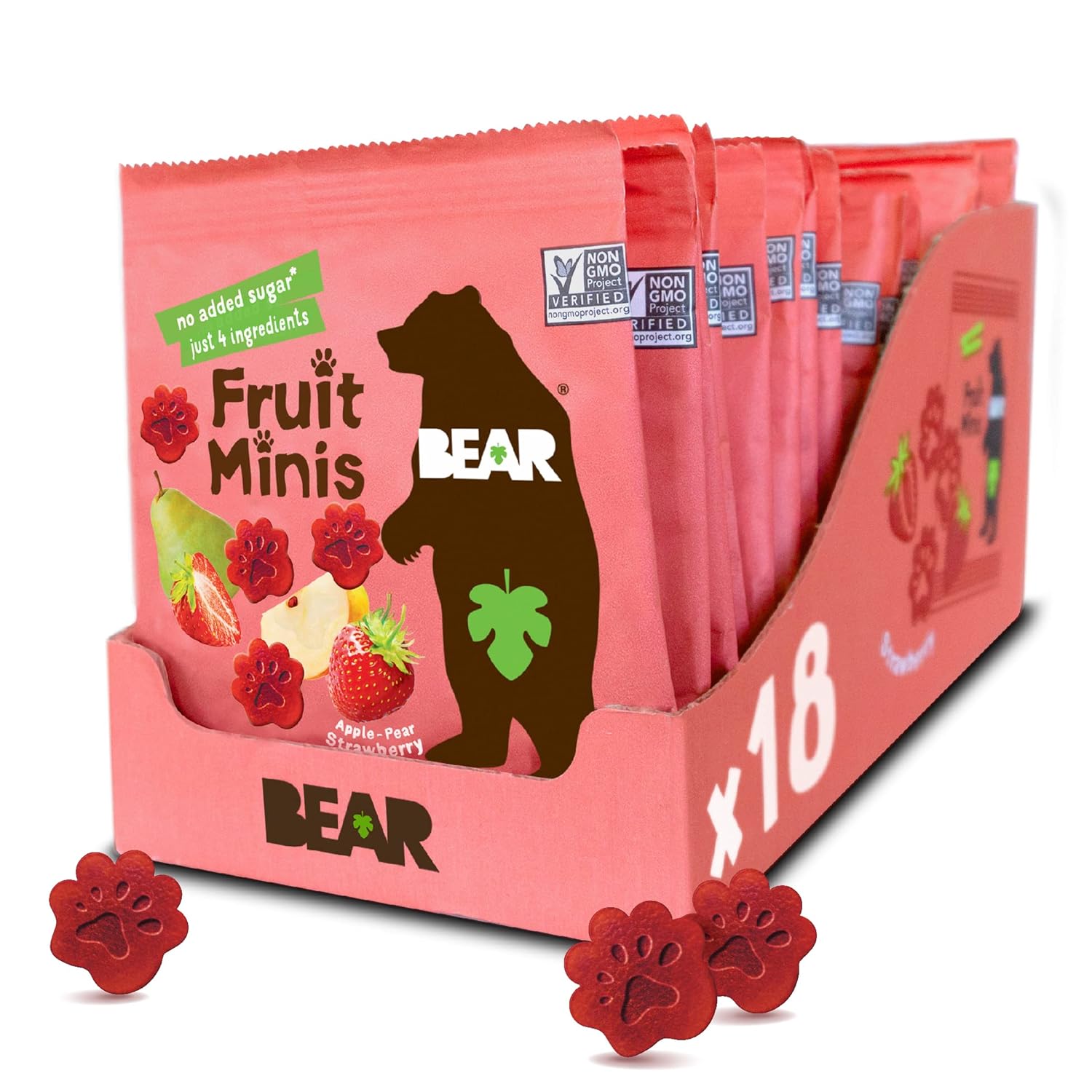 BEAR Real Fruit Snack Minis, Strawberry – (Pack of 18) – Bite Sized Snacks for Kids, Gluten Free, Vegan, Non GMO, 0.7 Oz
