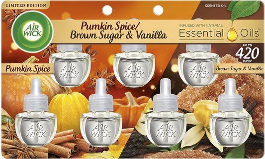 Air Wick Plug in Scented Oil Refill, 7ct, Pumpkin + Brown Sugar Mixed Pack, Fall Scent, Essential Oils, Air Freshener
