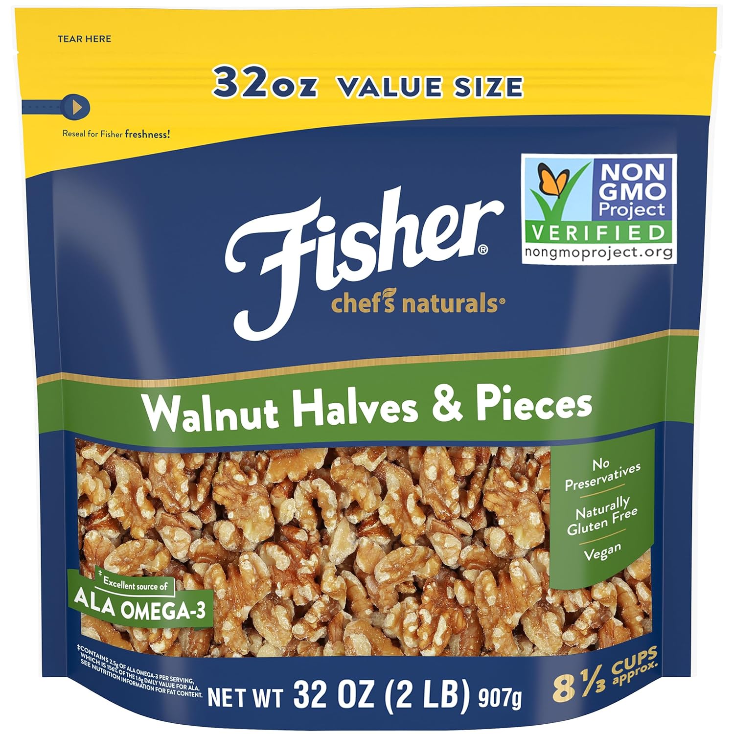 Fisher Chef's Naturals Walnut Halves & Pieces 2 lb, 100% California Unsalted Walnuts for Baking & Cooking, Snack Topping, Resealable Bag, Great with Yogurt & Cereal, Vegan Protein, Keto Snack
