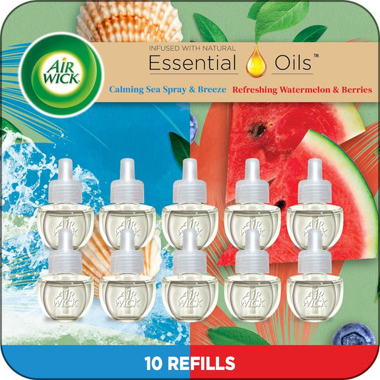 Air Wick Plug in Scented Oil Refill, 10ct, Calming Sea Spray Breeze & Fresh Watermelon, Air Freshener, Essential Oils
