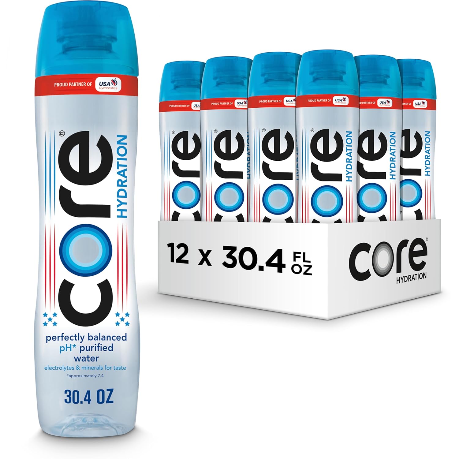 Core Hydration Perfectly Balanced Water, 30.4 fl oz bottle (Pack of 12), USA Gymnastics Official Hydration Partner