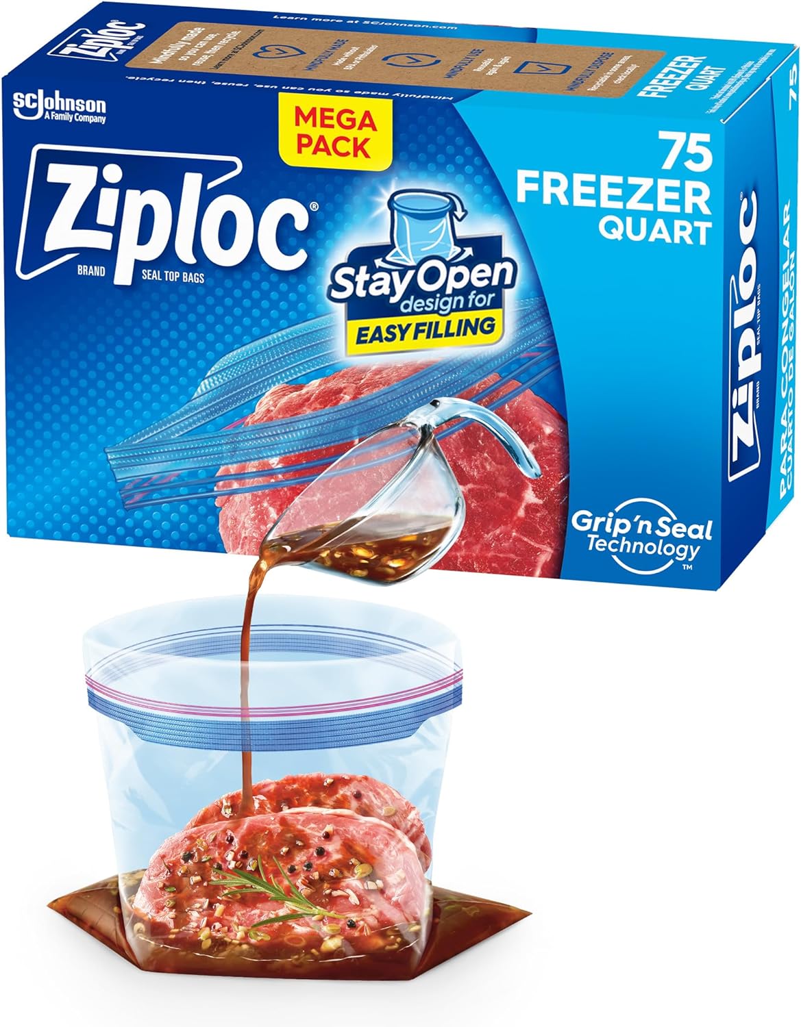 Ziploc Quart Food Storage Freezer Bags, Stay Open Design with Stand-Up Bottom, Easy to Fill, 75 Count