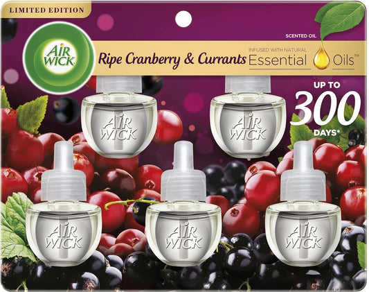 Air Wick Plug in Scented Oil Refill, 5 ct, Ripe Cranberry and Currants, Air Freshener, Essential Oils, Fall Scent, Fall decor
