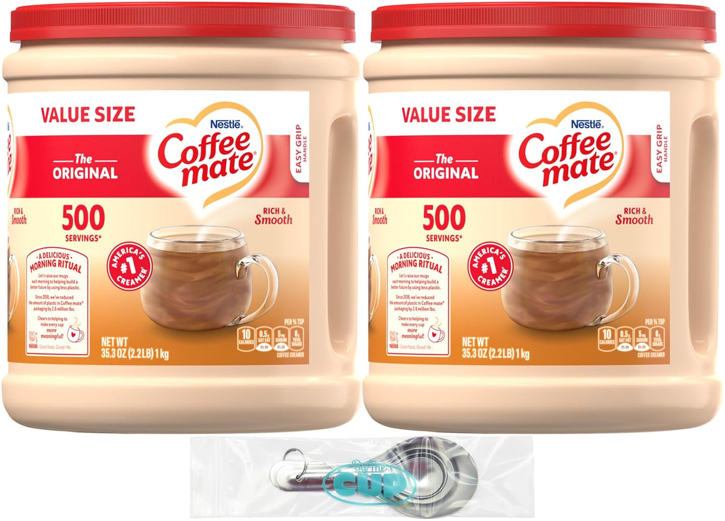 Coffee mate Original Powder Creamer, 35.3 oz Canister (Pack of 2) with By The Cup Stainless Steel Measuring Spoons