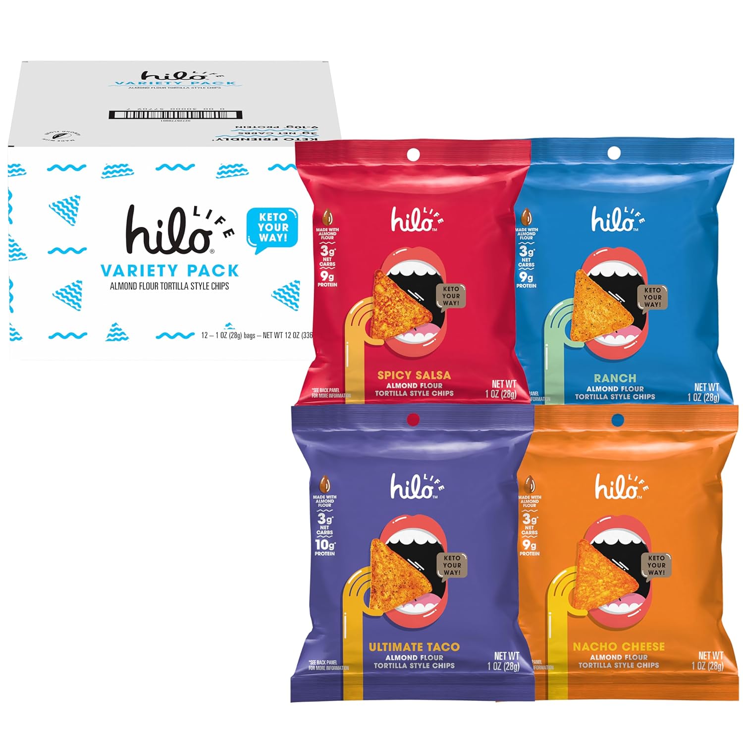 Hilo Life Low Carb Keto Friendly Tortilla Chip Snack Bags, Variety Pack, 1 Ounce (Pack of 12)