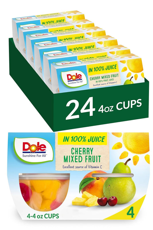 Dole Fruit Bowls Cherry Mixed Fruit in 100% Juice Snacks, 4oz 24 Total Cups, Gluten & Dairy Free, Bulk Lunch Snacks for Kids & Adults
