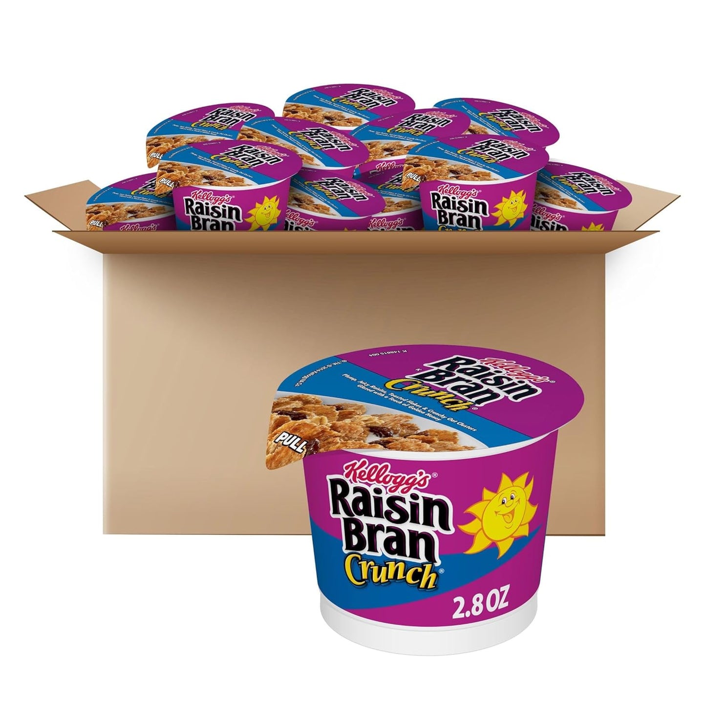 Kellogg's Raisin Bran Crunch Breakfast Cereal Cups, Fiber Cereal, Made with Real Fruit, Original, 33.6oz Case (12 Cups)