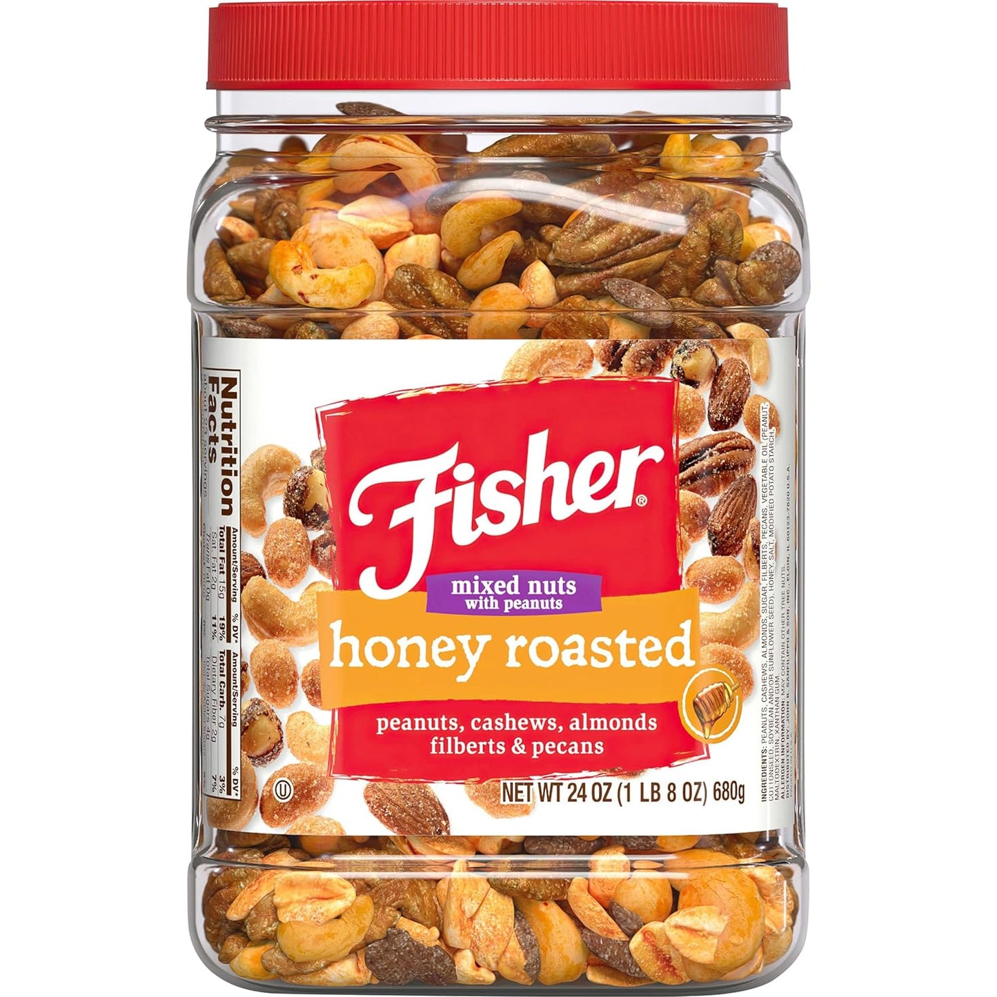 Fisher Snack Honey Roasted Mixed Nuts with Peanuts, 24 Ounces, Peanuts, Cashews, Almonds, Filberts, Pecans
