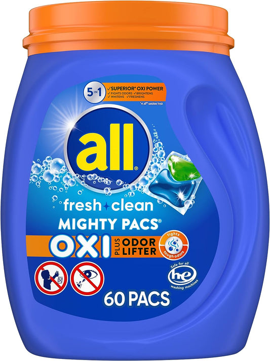 all Laundry Detergent Pacs, Fresh Clean Oxi plus Odor Lifter, 60 Count (packaging may vary)