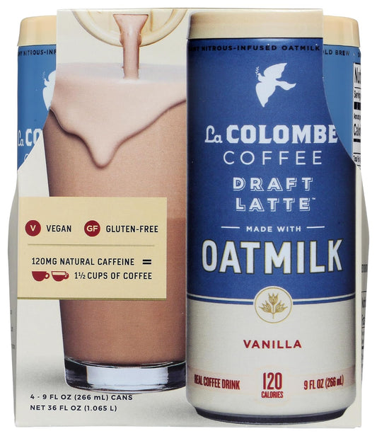 La Colombe Vanilla Draft Latte with Oatmilk - 9 Fl. Oz. 4 Pack - 100% Arabica Brazilian Cold Brew Coffee with Nitrous-Infused Oatmilk, Dairy-Free Vegan Latte, 120mg Natural Caffeine