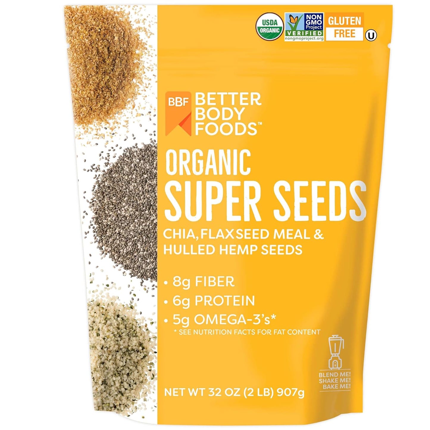 BetterBody Foods Superfood Organic Super Seeds - Chia Flax & Hemp Seeds, Blend of Organic Milled Flax Seed Organic Hemp Hearts, Add to Smoothies Shakes & More, 2lb, 32 oz