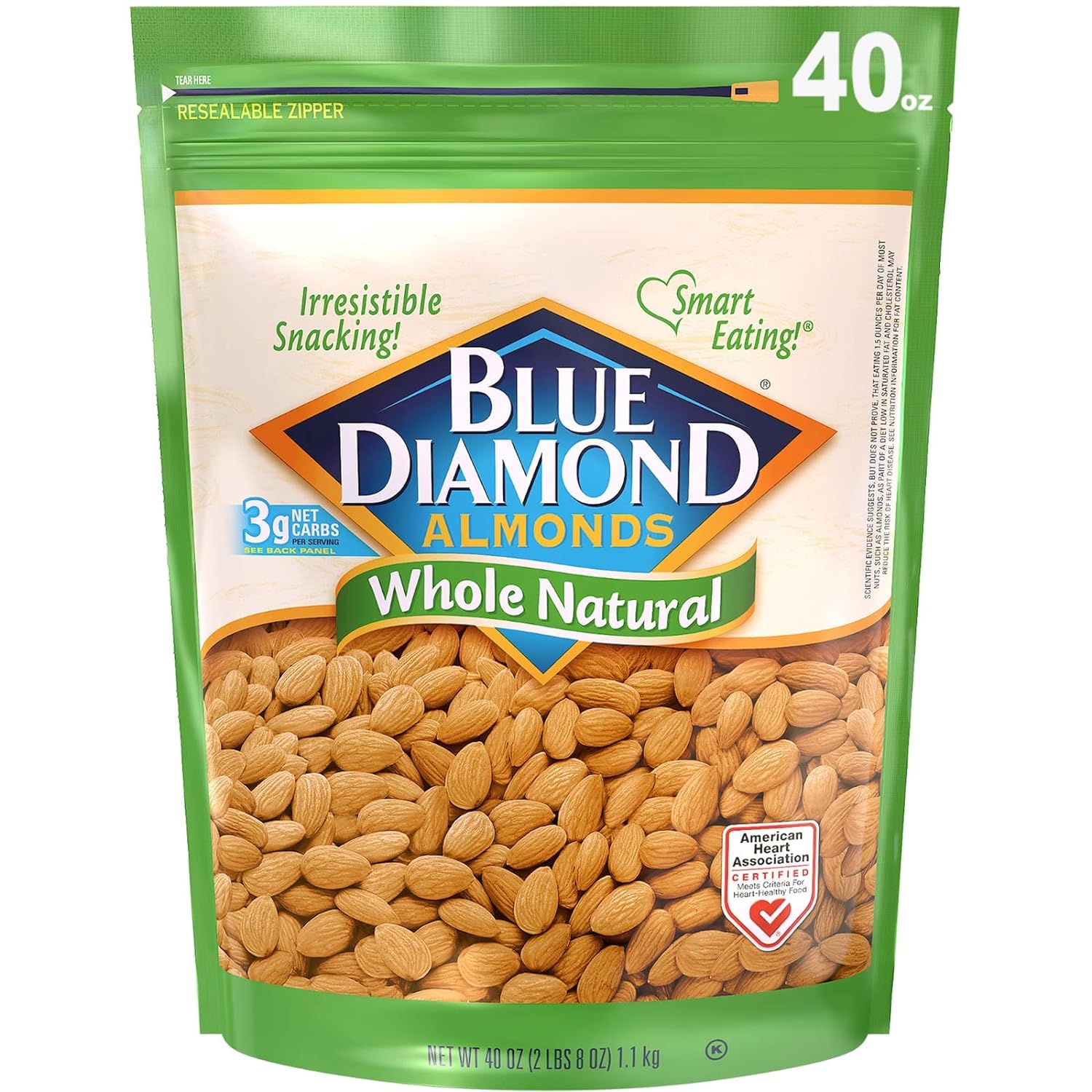 Blue Diamond Almonds Whole Natural Raw Snack Nuts, 40 Oz Resealable Bag (Pack of 1)
